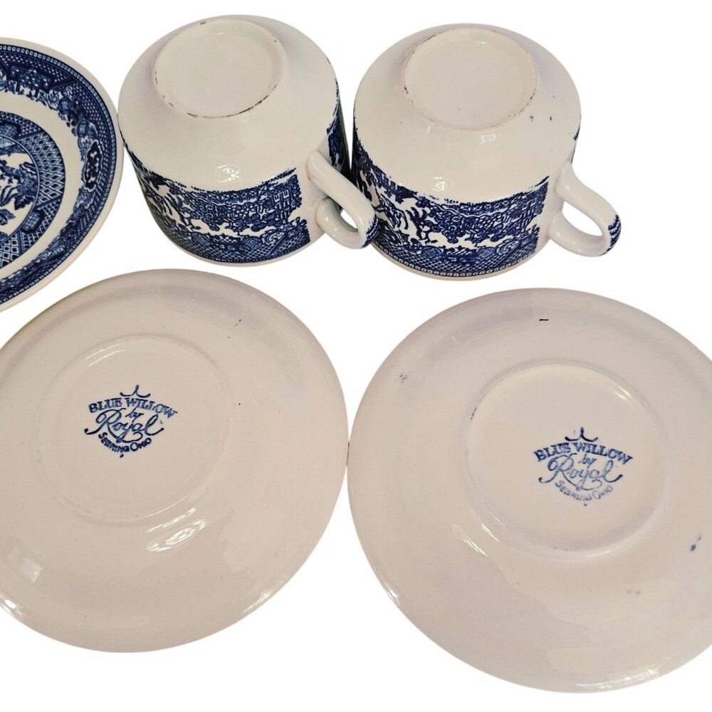 2 Royal USA Blue Willow Mugs Saucers 2.5" Ironstone transferware Chinoiserie - Picture 7 of 9